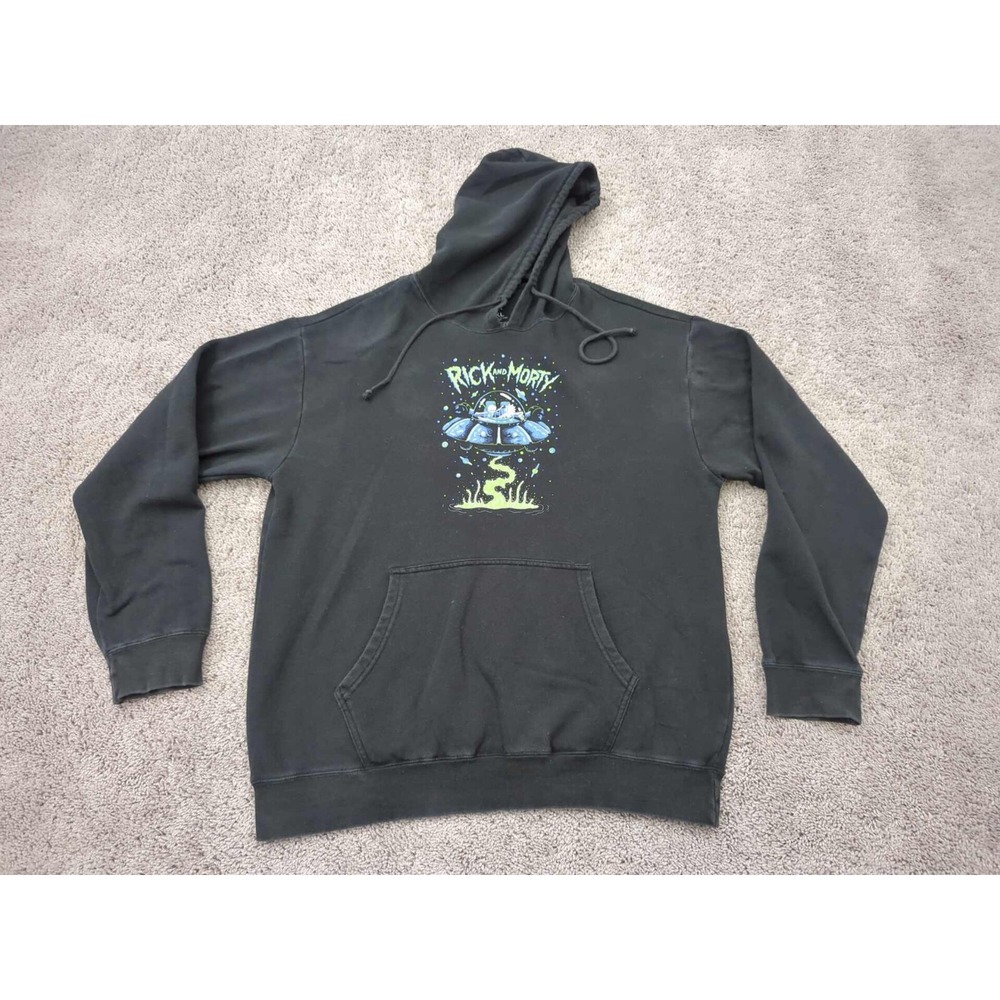 Rick And Morty Pullover Hoodie Mens XL Black Adult Swim Spaceship Pocket Fleece